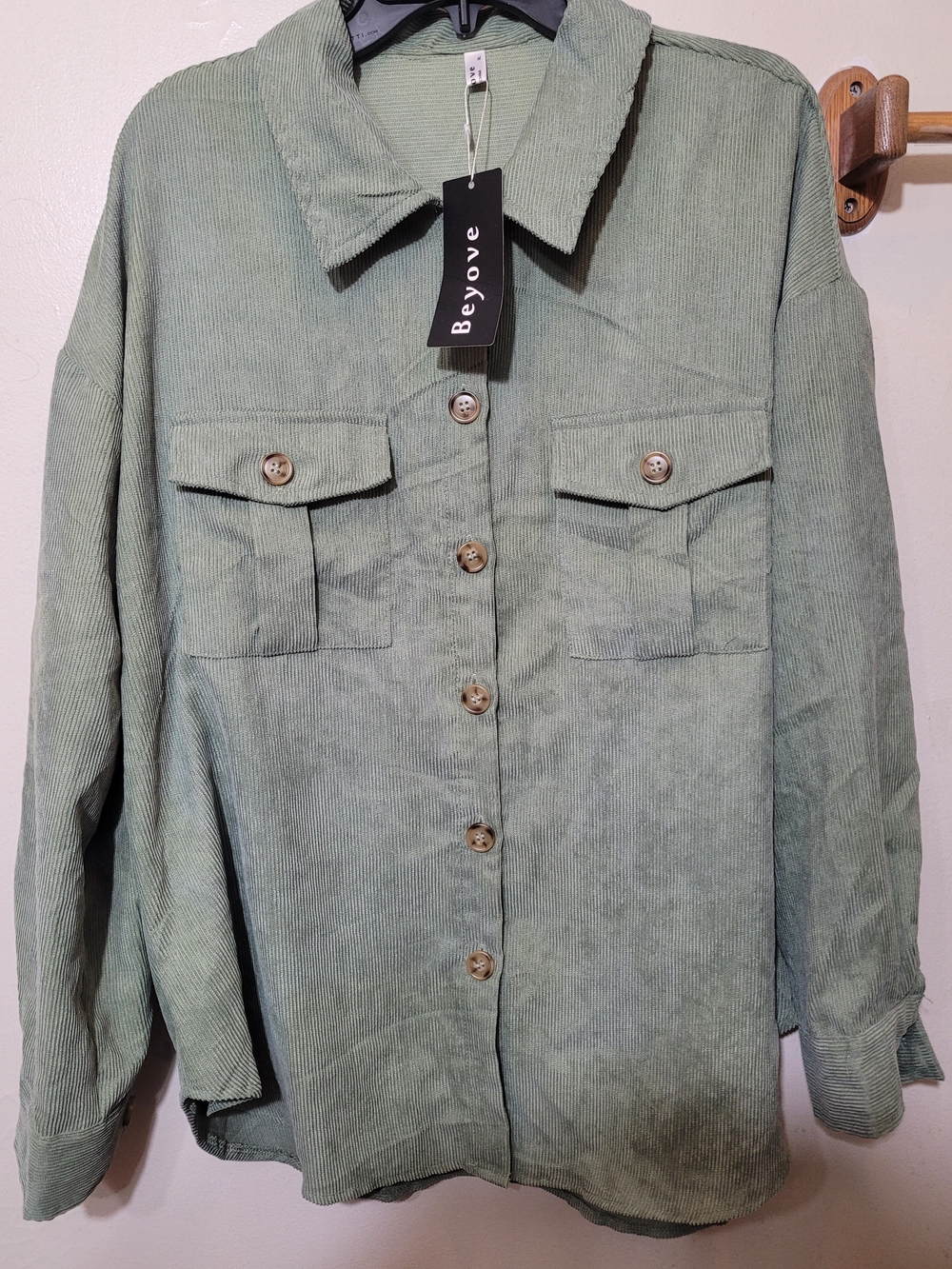 Beyove Womens XL Green Corduroy Button Down Shacket Flap Pocket (Hgr)